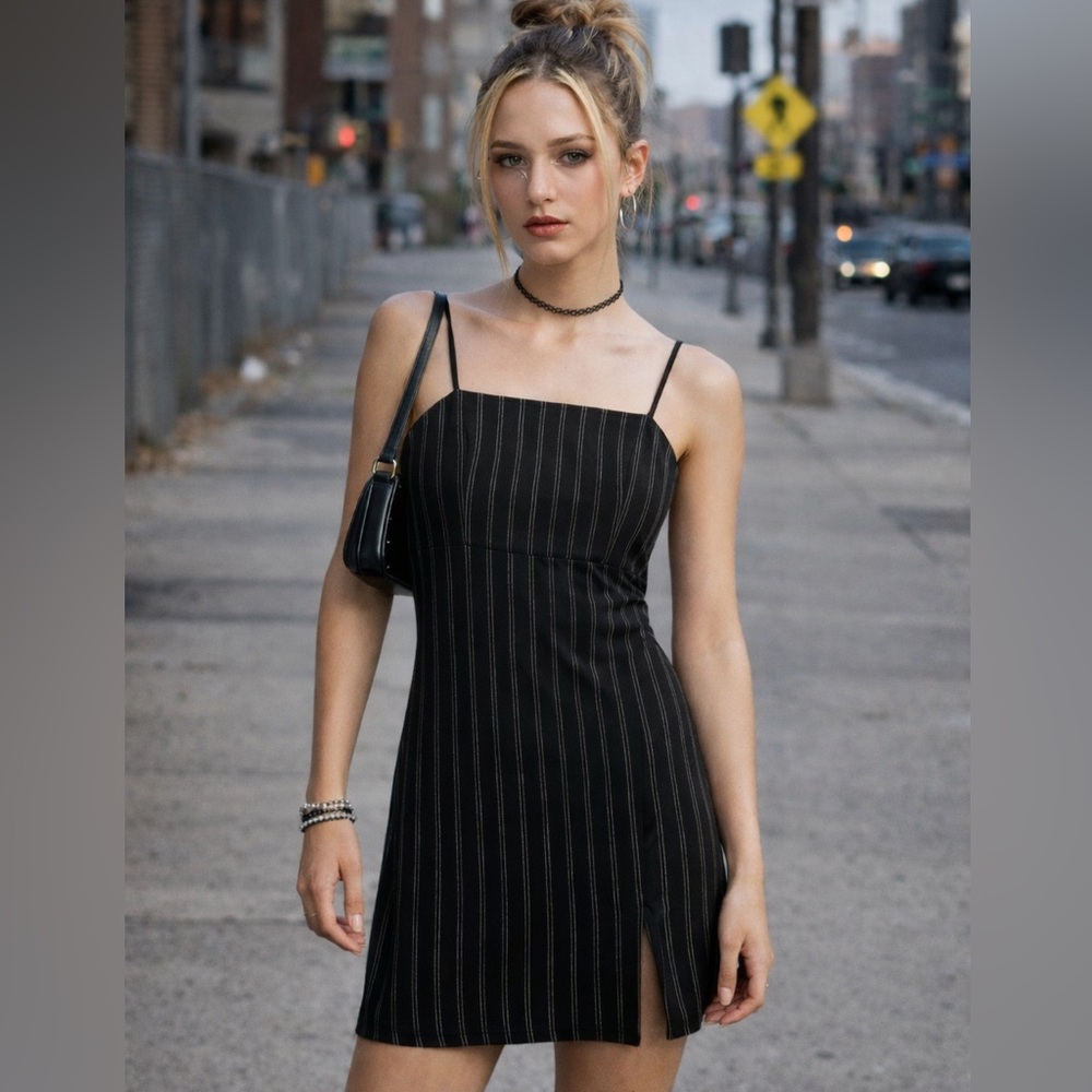 Simons Black pin stripes 90's inspires mini Dress